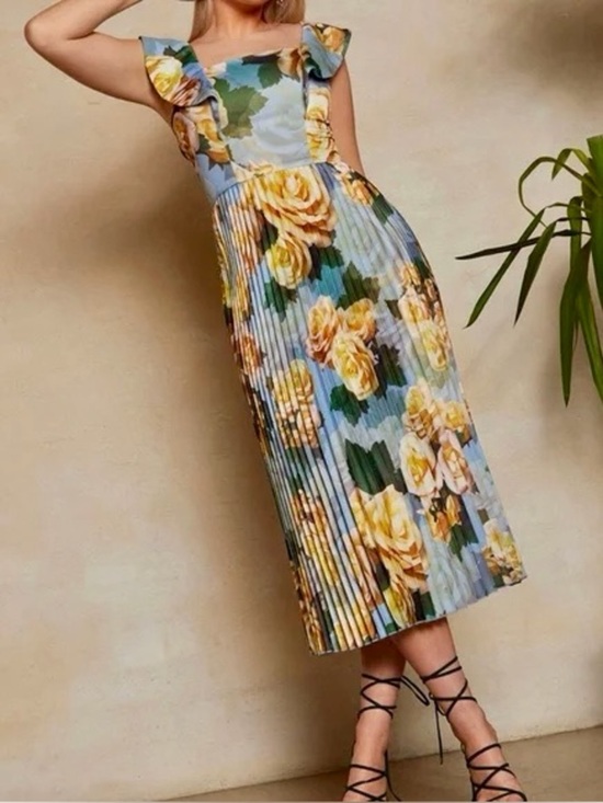 Chi Chi London Dresses & Skirts - Chi Chi London Blue Floral Pleated Midi Dress with Square Neck, Size US 8; UK 12